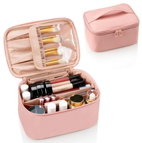 Travel Makeup Bag Portable Cosmetic Bag with Makeup Brushes Organiser Pink | Large Capacity Portable Durable Toiletry Bag for Women, Gifts for Women/Girls, Travel Essentials
