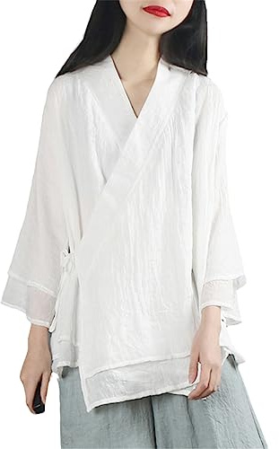 Tops étnicos de estilo chino, ropa para mujer, algodón y lino, traje vintage liso, cuello en V, blusa suelta de primavera, delgada Hanfu, blanco, Taille unique