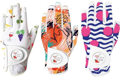 AXKAL Golf Gloves Women Right Handed Golfer Left Hand with Ball Marker 3 Pack, Ladies Breathable Soft All Weather Grip Printed Pattern Colored Glove (X-Large, Worn On Left Hand,3 Pack Half Finger)