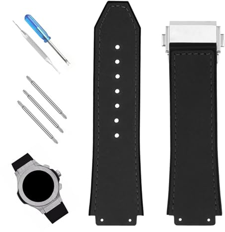 XIW Kompatibel mit 19 mm × 25 mm × 22 mm Hublot Big Bang Lederarmband mit Edelstahl-Schnalle, Ersatz für Herren, Silikon-Armband, Damenarmband, Schwarz