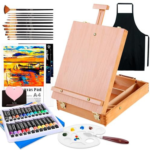UCAMP Acrylfarbe Set für Künstler-44 teilige Malset,Tischstaffelei Box,mit 24 Acrylfarben, 12er Pinselset,Spachtelmesser und Mixpalette,A4-Ölgemäldebuch + 2* weißes Zeichenbrett,Schürze