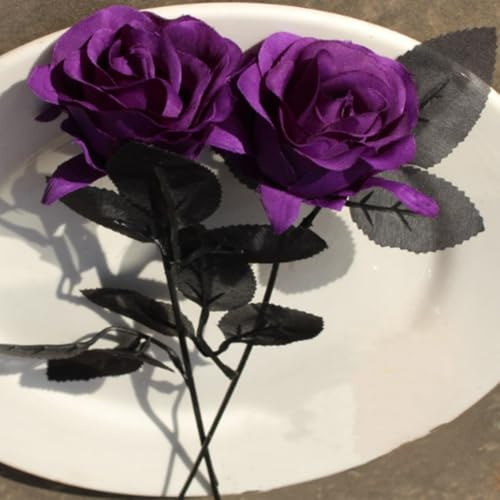 OUKEYI Lot de 10 roses artificielles en soie à tige unique qui ne se décolorent pas - Fleurs réalistes pour décoration d'intérieur, bouquet de mariée, décoration d'Halloween (violet)