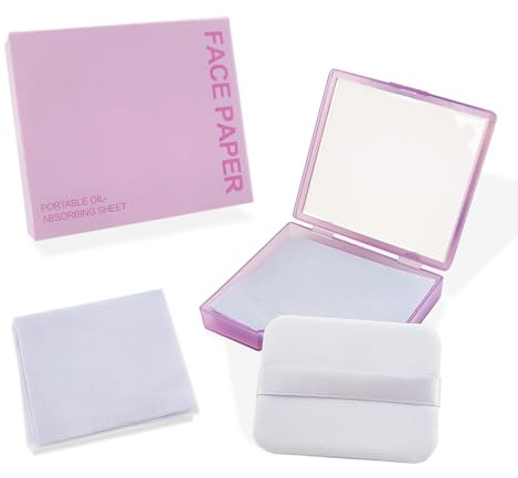 BOROLA 3-in-1 Oil Blotting Paper Set for Face 100 Sheets Oil Absorbing Sheets with Portable Mirror & Adhesive Makeup Puff, Blotting Papers for Oily Skin, Design for Men & Women(Purple)