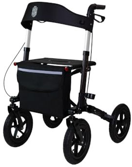 Faltbarer Outdoor Rollator für Reisen mit 30 cm Luftbereifung Sitzfläche und Rückengurt mit abnehmbarer Tasche - Höhenverstellbare ergonomische Griffe. Geländerollator faltbar robust leicht aus Alu