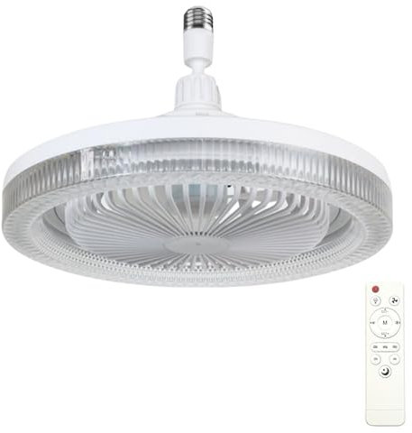 Swoolfe Ventilateur de Plafond LED Silencieux Avec Lumiere et Telecommande, Plafonnier Dimmable E27 Avec 30W Lampe Intégrée, 5 Pales, 3 Vitesses, Timing
