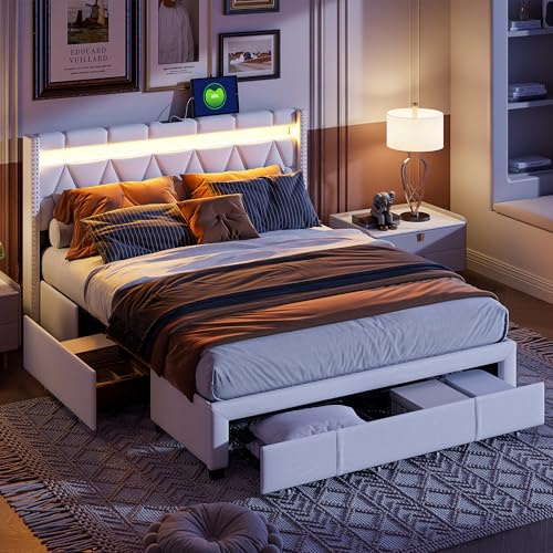 BRILVERDE Cama tapizada 140x200 con almacenaje, con 4 cajones, Cama matrimonial con Toma USB y luz LED, con cabecero y somier de láminas, Lino (Beige-b, 140 x 200 cm)