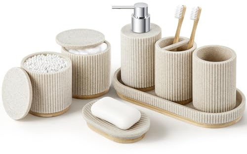 Z ZONAMA 7PCS Bathroom Accessories Set, with Soap Dispenser, Q-tip Holder, Toothbrush Holder, Tumbler, Soap Dish, Vanity Tray, Bathroom Set Complete Organizer Countertop for Modern Decor, Beige