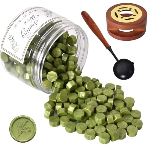 Sealing Wax Beads Set, Metallic Wax Seal Beads, 200 PCS Octagon Sealing Wax with Warmer and Spoon, DIY for Sealing Stamps, Letters, Envelopes (Mustard Green)