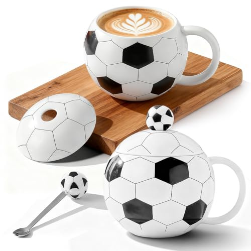 Tasse à café FARYODI en céramique de 400 ml - Tasse à café en porcelaine avec couvercle et cuillère - Design football/basketball - Cadeau pour anniversaire, Noël