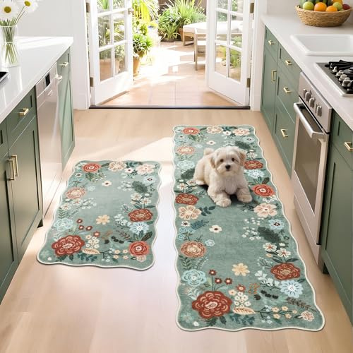 Sage Green Floral Kitchen Runner Rug, Non Slip Kitchen Floor Mat Set of 2, Washable Stain resistance Carpet Runner Rugs, Soft Wave Edge Mats for Entryway Hallway Laundry Decoration 50x80cm+50x120cm