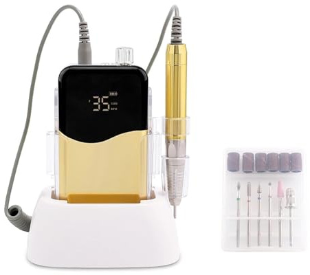 Perceuse à ongles électrique, Machine de manucure électrique à moteur sans balais 35000 tr/min 85 W, perceuse ongles rechargeable dorée avec base charge(Wave)