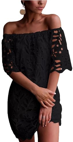 PRETTYGARDEN Women's Summer Off Shoulder Vintage Floral Lace Flare Short Sleeve Loose Elegant Mini Dress (Black,Medium)
