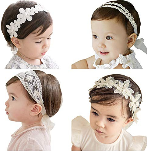VEGCOO Lot de 4 Bébé Bandeaux, Bébé Filles Cheveux Bande de Cheveux, Enfants Comme Accessoire de Fête/Mariage/Photographie (Blanc)
