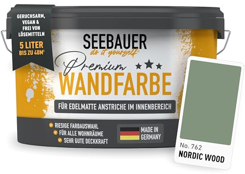 SEEBAUER diy Wandfarbe Grün 5L für Innen (No. 762 Nordic Wood) Edelmatte grüne Innenfarbe - Grüntöne sehr hohe Deckkraft - Matt, Abwaschbar und Tropffrei