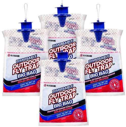 Fly Traps Outdoor Fly Trap for Patio. 4 Large Non-Toxic Pre-Baited Flies Bags Outdoor Disposable. Big Hanging Bug Catchers for All Filth Flies Killer for Outside Bug Control in Yard Horse Ranch.