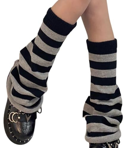 FeMereina Leg Warmers for Women 80s 90s Goth Leg Warmer Girls Kawaii Japanese Style Knit Striped Leg Warmers Y2K Leg Sleeves (Stripes - Grey, One Size)