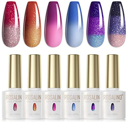 ROSALIND UV-nagellack Thermo 6 färger UV-gelpolish Färgbyte Gel nagellack Thermo Gel Polish Kit Mångfärgad avtagbar nagelgelfärg Nail Chameleon Gel Nail Polish Set