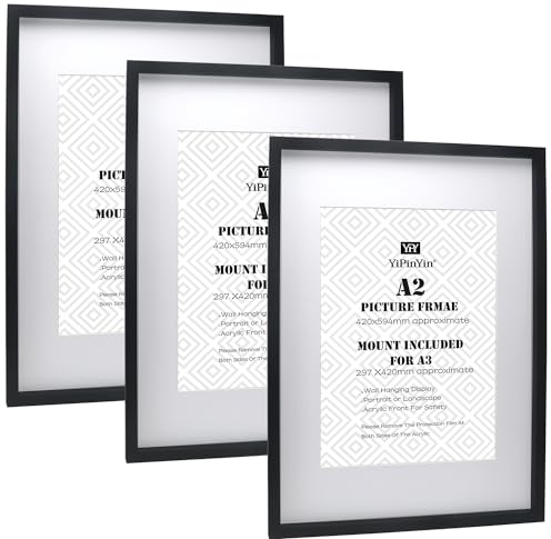 Black A2(42x59.4cm) Boxed Picture Frames Set of 3 with Mounts for A3(29.7X42CM), A3 boxed photo frames 3pack, Black A2 wooden Effect Poster Frame with Mount for A3 photo