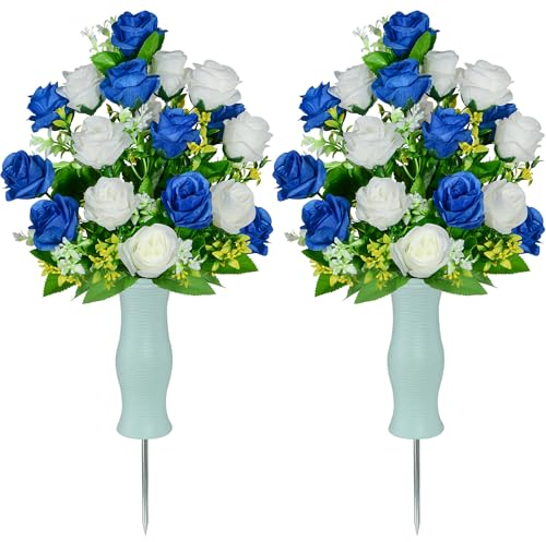 AOFOX Fiori artificiali del cimitero con vaso, fiori di pietra funebre Mazzo di rosa, fiori commemorativi del cimitero per gli arrangiamenti della tomba Set di 2 (Blu scuro)