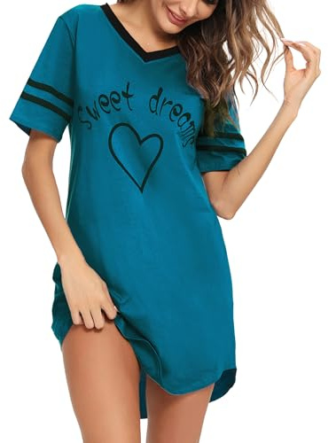Litherday Chemise de Nuit Femme en Coton Robe de Nuit à Manches Courtes Vêtement de Nuit avec Col V Rayé Motif Coeur et Impression Imprimé,Lac Bleu,XL