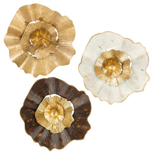 Uppsättning av 3 boho guld väggskulpturer rund väggdekoration metall väggdekoration dekorationer 3D metallbilder moderna konstverk för hem vardagsrum matsal sovrum kök korridor (30 cm x 30 cm), typ 4