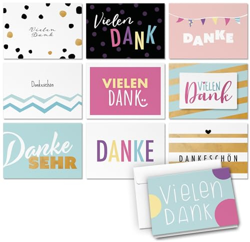 10 Dankeskarten Mix Danke Karte Set - Modern Schrift Typografie 3- Klappkarten mit Briefumschlägen Dankeschön Danke sagen
