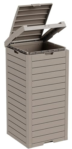 MAIUSCOLI Outdoor Trash Can with Lid, Outdoor Trash Bin & Pull-Out Liquid Drawer, Dual Lid Closure Design, Waterproof Resin Garbage Can Container for Patio, Backyard, Deck (Grey, 38 Gallon)