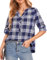 SIMIYA Bluse Damen Kariertes Elegant 3/4 Ärmel V-Ausschnitt Hemdbluse Oberteile Tunika Damenblusen Lässiges Button-Down Hemd Damen Lose Langarmshirt Oberteile Tops, Größe S-3XL(Navy blau, XL)