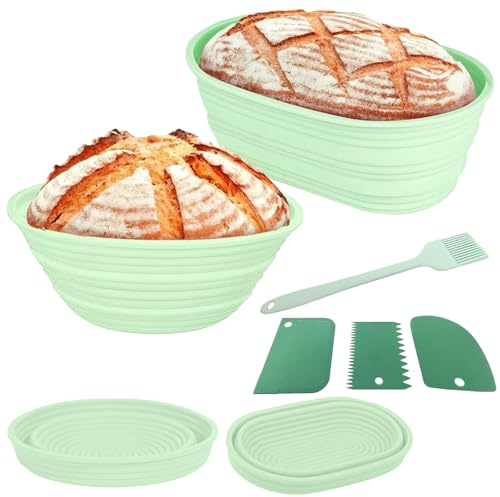 2Pcs Cestino Lievitazione Pane Pieghevoli, 22cm Rotondo & 26cm Ovale Cestini Fermentazione Pane Silicone, Ciotola Cesto Pan Banneton Cuocere Pane avec 3 Spatules et 1 Pinceau, Facile Pulire Conservare