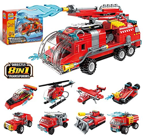 QLT City Fire Truck Building Kit für Kinder von 6–12 Jahren, kompatibel mit Lego City Fire Truck 8-in-1- Klemmbausteine Baustein, Helicopter Toys Building Sets.(313 PCS)