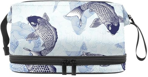 Neceser de doble capa para cosméticos japoneses de carpa y onda, color azul, para mujeres y niñas, neceser de viaje, bolsa organizadora de maquillaje con compartimento para cepillos, multicolor,