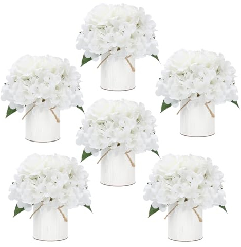 DIYDOFUN Flower Table Centerpieces - Set of 6 Floral Arrangement Artificial Wedding Hydrangeas Floral Arrangement with Rustic Metal Vase for Bridal Tea Party Event Decorations - White