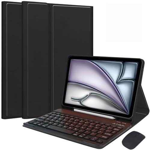 HEKUEUN Keyboard Case for iPad Air 13-Inch (M2, 2024) & iPad Pro 12.9 (6th 2022/5th 2021/4th 2020/3rd 2018 Gen), med mus avtagbart Bluetooth-tangentbord, ultratunt fodral med pennhållare,Black
