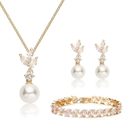 AOWVUTS 3 Pezzi Sposa Set di Gioielli Parure Collana con Ciondolo Perle Orecchini e Bracciale Set Parure Gioielli da Sposa in Oro Scintillanti Zirconia Cubica Bigiotteria Festa Regalo per Donne