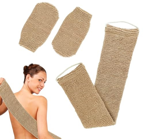 JINTANG brosse dos douche, lot de 3 gant exfoliant corps, Gant de Toilette Exfoliant Double Face en fibre de bambou, avec 1 Sangle De Bain + 2 gants exfoliants pour le corps (Brun)