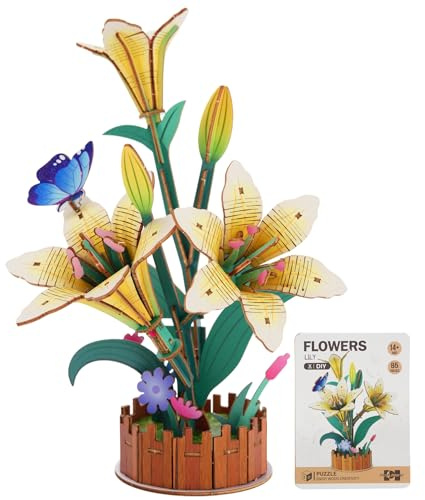 3D Puzzle Set, DIY-Blume Aus Holz, Modellbausätze Für Künstliche Blumen Zum Zusammenbauen Für Erwachsene, Beste Heimdekoration Und Valentinstags-Spielzeug-Geschenkset (Lily)