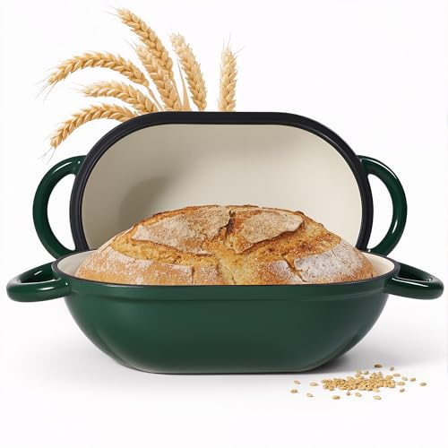 2 QT Oval Dutch Oven for Bread Baking, Enamelled Cast Iron Bread Oven for Sourdough, Sourdough Loaf Pan with Lid, Heavy-Duty Non Stick Bread Pan for Homemade Bread Baking, Green
