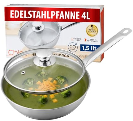 MAGIC HOME Edelstahlpfanne 28 cm | Pfanne INDUKTION | Edelstahl Große Bratpfanne 4L | Hoher Rand | 28cm Induktionspfanne für Alle Herdarten, Induktionsherd | Tief | Chef´s Pan | Chloe
