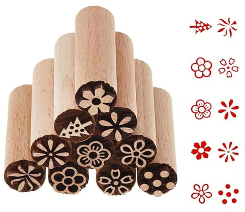 10 Piezas Sellos de Madera Natural para Cerámica y Arcilla - Set de Herramientas con Diseños Florales y Geométricos para Decorar, Scrapbooking, Tela y Galletas - Sellos Artesanales para Proyectos DIY