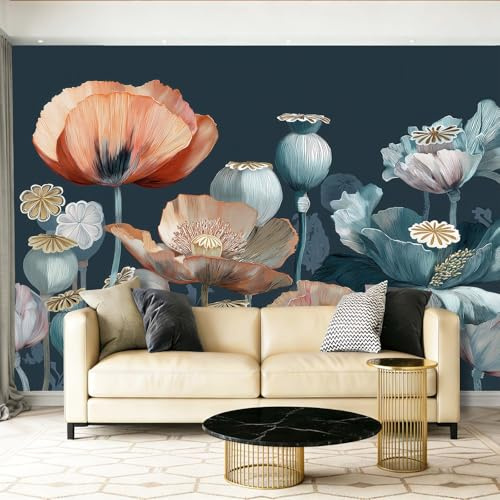 Tapete Fototapete William Morris Mohnblumen Jugendzimmer Moderne Design 350 x 256 cm Wohnzimmer, TV Hintergrund Wand Moderne Wanddeko Orange Farbe