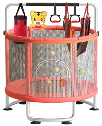 Trampolino per interni ed esterni per bambini, mini trampolino per bambini con rete di sicurezza, cestino da basket, altalena, borsa da colpo, barra da ginnastica regolabile (rosso)