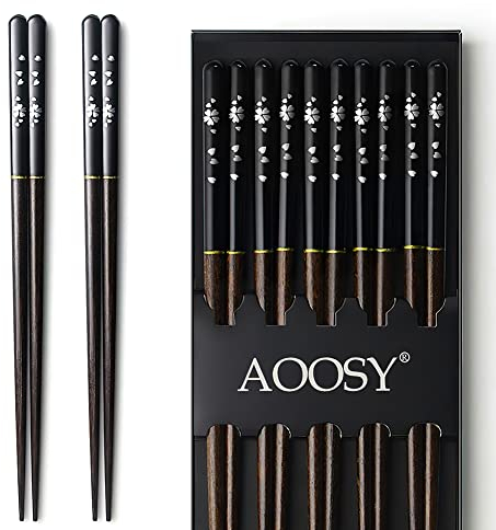 AOOSY Bacchette Giapponesi, Legno 5 Paia Bacchette Cinesi riutilizzabili in lavastoviglie Bacchette in Legno 9.06 Pollici Set con Scatola Nera Fatta a Mano per Sushi Noodles