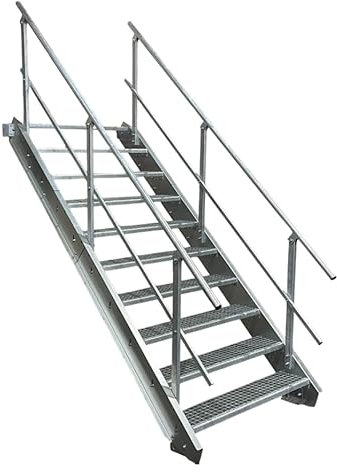10 Stufen Stahltreppe mit beidseitigem Geländer/Breite 120 cm Geschosshöhe 150-200cm / Robuste Außentreppe/Wangentreppe/Stabile Industrietreppe für den Außenbereich/Inklusive Zubehör