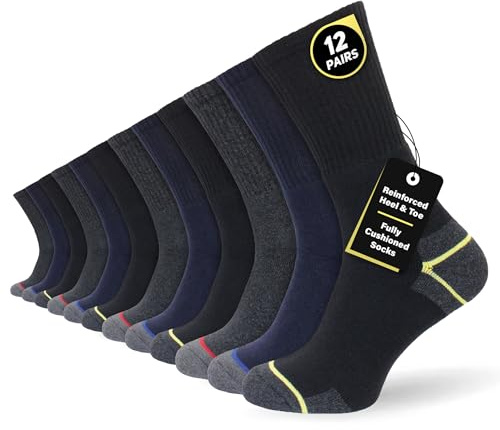 Socksmad Men’s Work Boot Socks 12 Pack Thick Cushioned with Padded Sole Durable Heavy Duty Footwear for Steel Toe Boots Moisture Wicking Comfortable Fit for Builders Mechanics Engineers