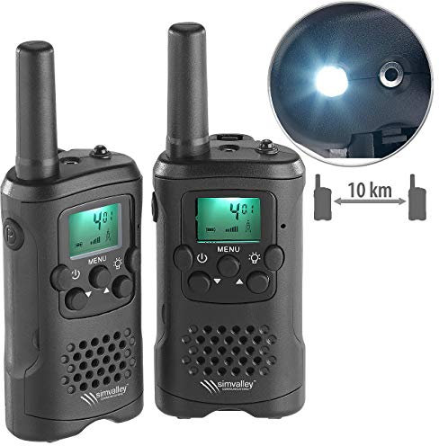 simvalley Communications Walkie Talkie: 2er-Set PMR-Funkgeräte mit VOX, bis 10 km Reichweite, LED-Taschenlampe (Walkie Talkie Set, Funksprechgeräte, Überwachung)