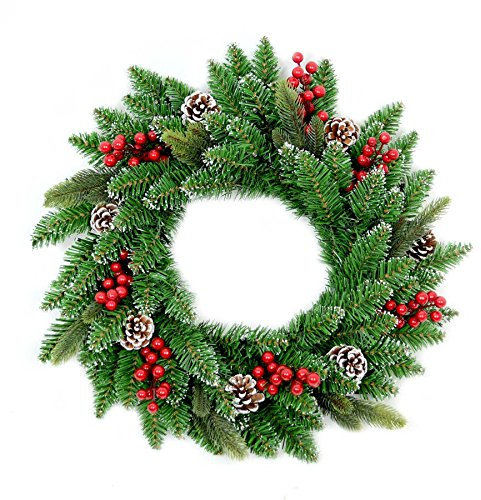 SHATCHI Artificial 55cm Lit Christmas Tree Wreath Garland Pre Berries and Pine Cones Frosted Tips Door Wall Hanging Decorations Xmas Home LED Light Up Décor, Green