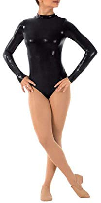 IWEMEK Damen Ballettanzug Glänzende Langarm Body Wetlook Danz Ballett Trikot Gymnastikanzug Turnanzug Metallic Einteiler Lack Leder Bodysuit Overall Leotard Top Kostüme Schwarz 3XL