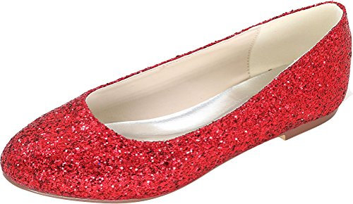 Womens Flat Glitter Shoes Wedding Flat Pumps Round Toe Slip On Court Shoes Red UK 4