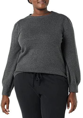 Amazon Essentials Women's Soft Touch Pleated Shoulder Crewneck Jumper, Charcoal Heather, XXL