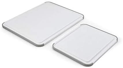 KitchenAid Classic Nonslip 2-Piece Plastic Cutting Board Set with Perimeter Trench and Non Slip Edges, 2-Piece Kitchen Chopping Boards, Dishwasher-Safe, White and Gray
